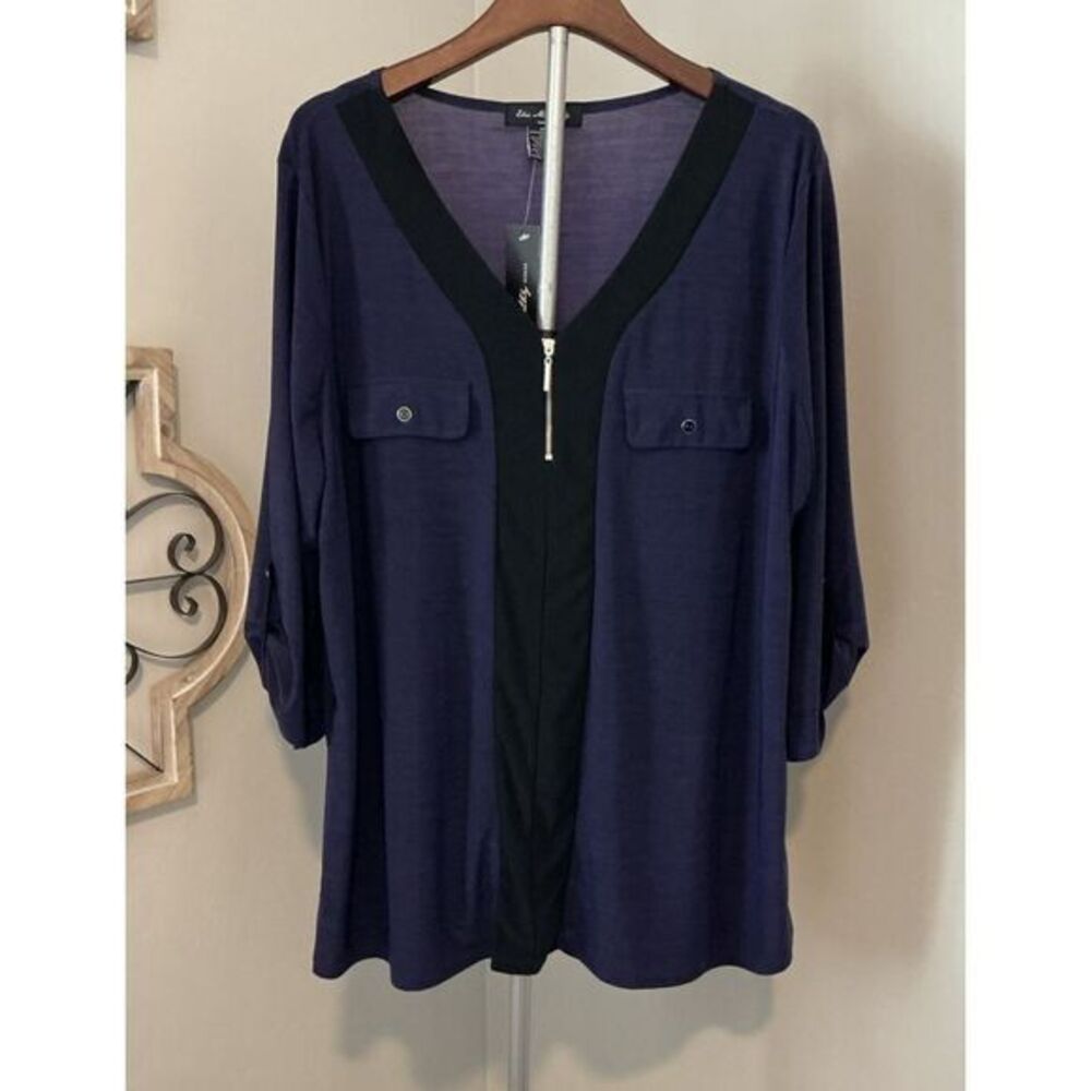 ELIE McCARTHY Pullover V-Neck Zipper 3/4 Sleeve‎ Top Purple Black - 3XL NWT